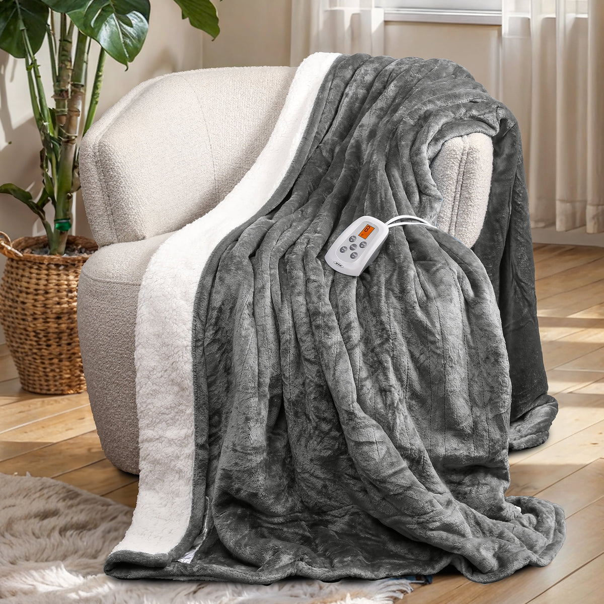 RoyalCraft Electric Heated Blanket, 84" x 62" Twin Size Electric Blanket with 10 Heating Levels and 12 Hours Auto-Off, Soft Flannel and Sherp Blanket with ETL & FCC Certification, Grey