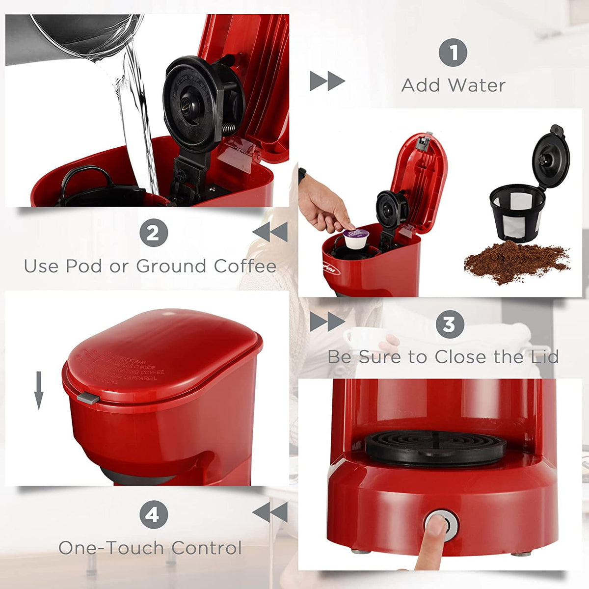 Single Serve Coffee Maker Coffee Brewer 6 to 14 oz With Permanent Filter, Compatible with Single Cup Pod & Ground Coffee, Red