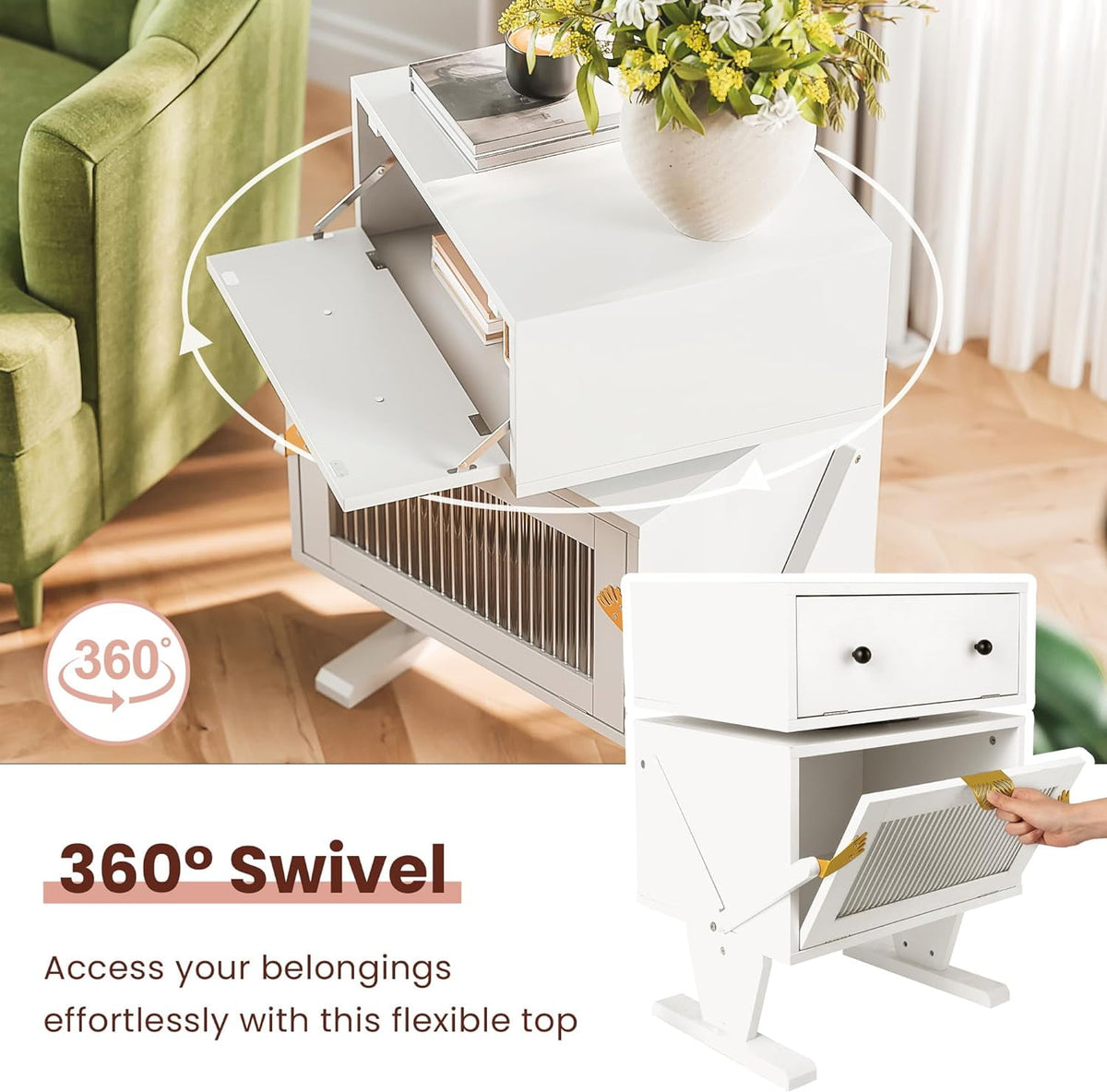 Superjoe White Nightstand with LED Light Strips 360° Rotating Drawer, Modern End Table with Glass Door Storage, Wood Bedside Table Cabinet for Living Room, Bedroom, Nursery