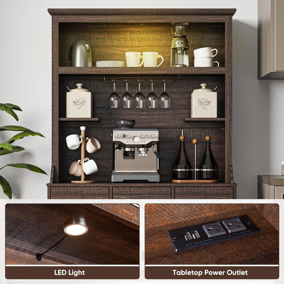 CozyHome 71'' Tall Farmhouse Bar Cabinet, Retro Buffet Cabinet with Charge Station & LED Lights, Liquor Cabinet Bar with Wine Bottle Rack for Kitchen, Living Room, Brown