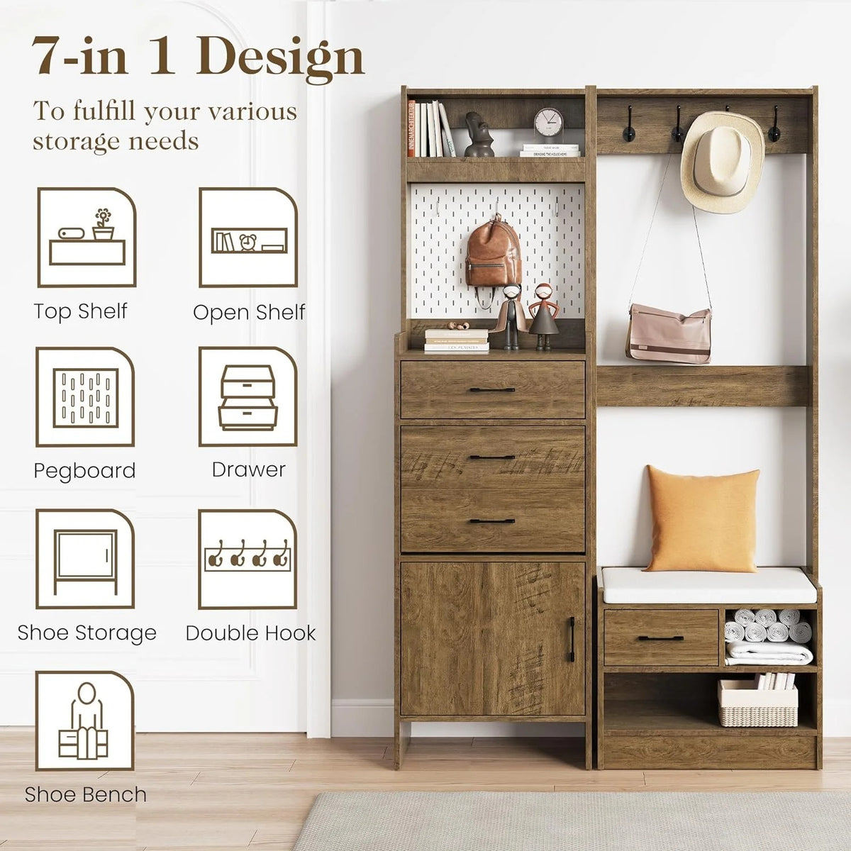 Royalcraft 7-in-1 Hall Tree with Hidden Shoe Storage, Entryway Bench with Coat Rack and Pegboard, Multifunctional Coat Rack with Bench Mudroom Storage