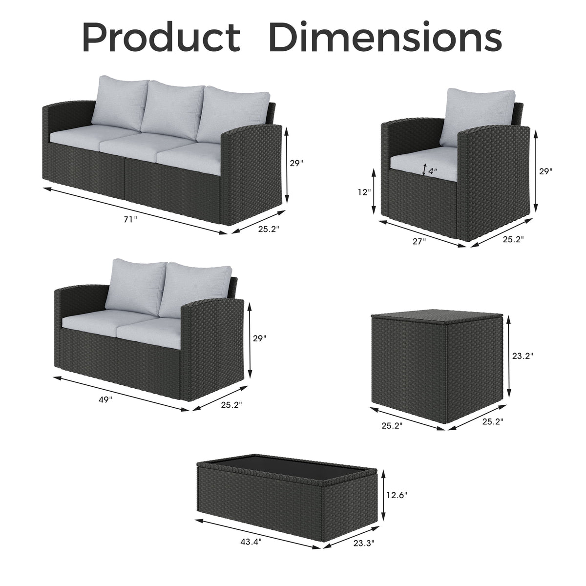 Royalcraft 9 Pieces Patio Furniture Set, All Weather Grey PE Wicker Rattan Outdoor Sectional Sofa with Coffee Table and Grey Cushion, Outdoor Furniture for Lawn Backyard Poolside Porch