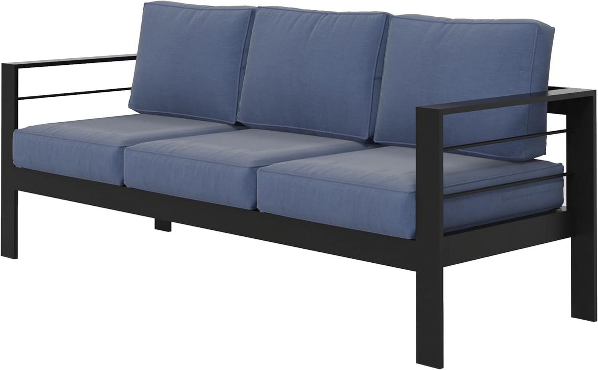 RoyalCraft Patio Furniture Aluminum Sofa, All-Weather Outdoor 3 Seats Couch, Black Metal Chair with Blue Cushions