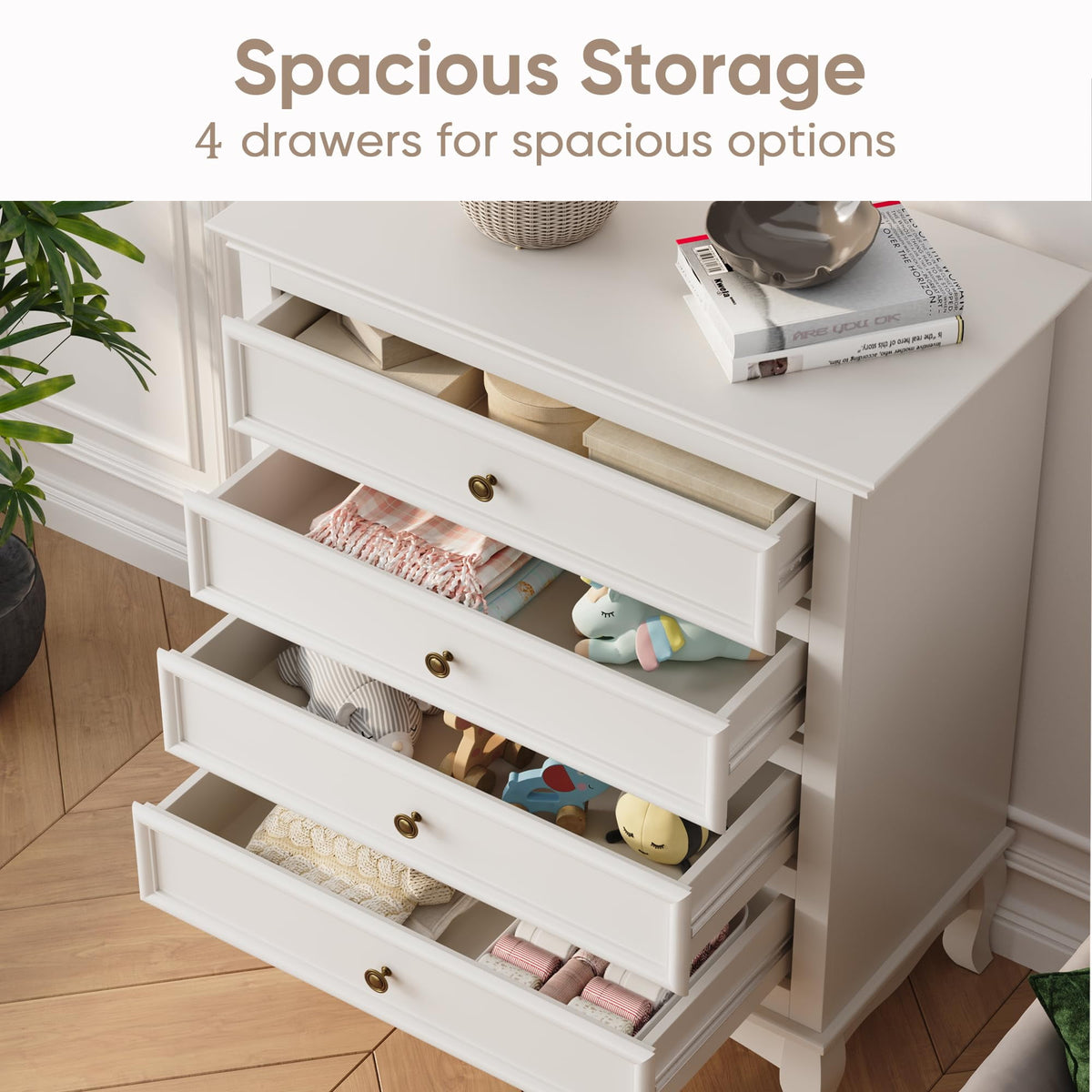 Superjoe White 4 Drawer Dresser, Large Storage Chest with Ball Bearing Slide, Wide Chest of Drawers, Modern Wood Dresser for Bedroom, Living Room, Hallway, Entryway, White