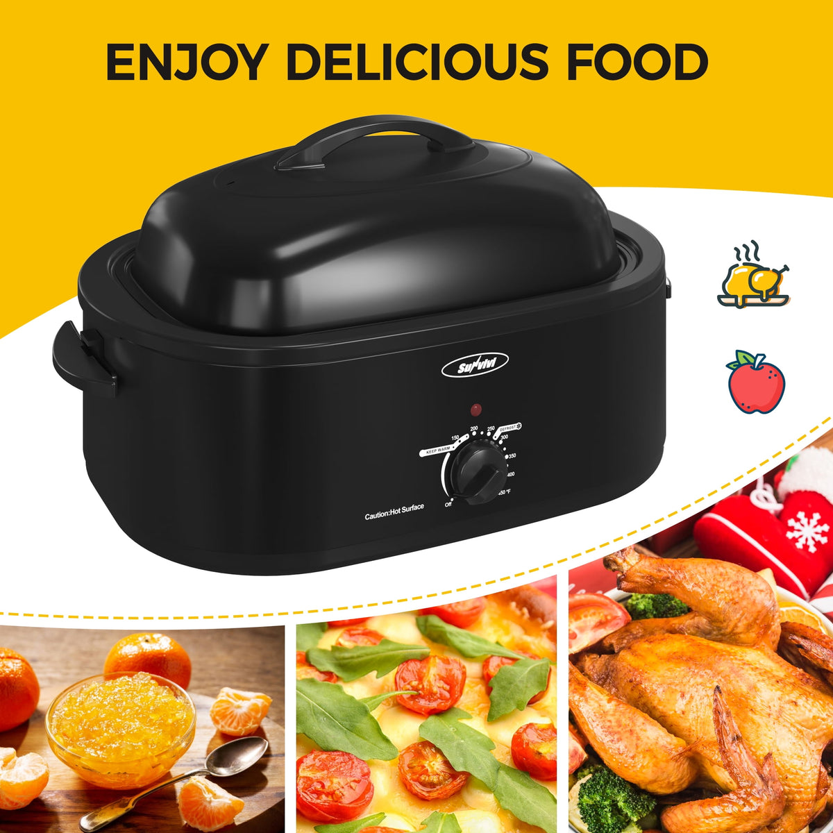 18 Quart Turkey Electric Roaster Oven with Self-Basting Lid, Stainless Steel, Black