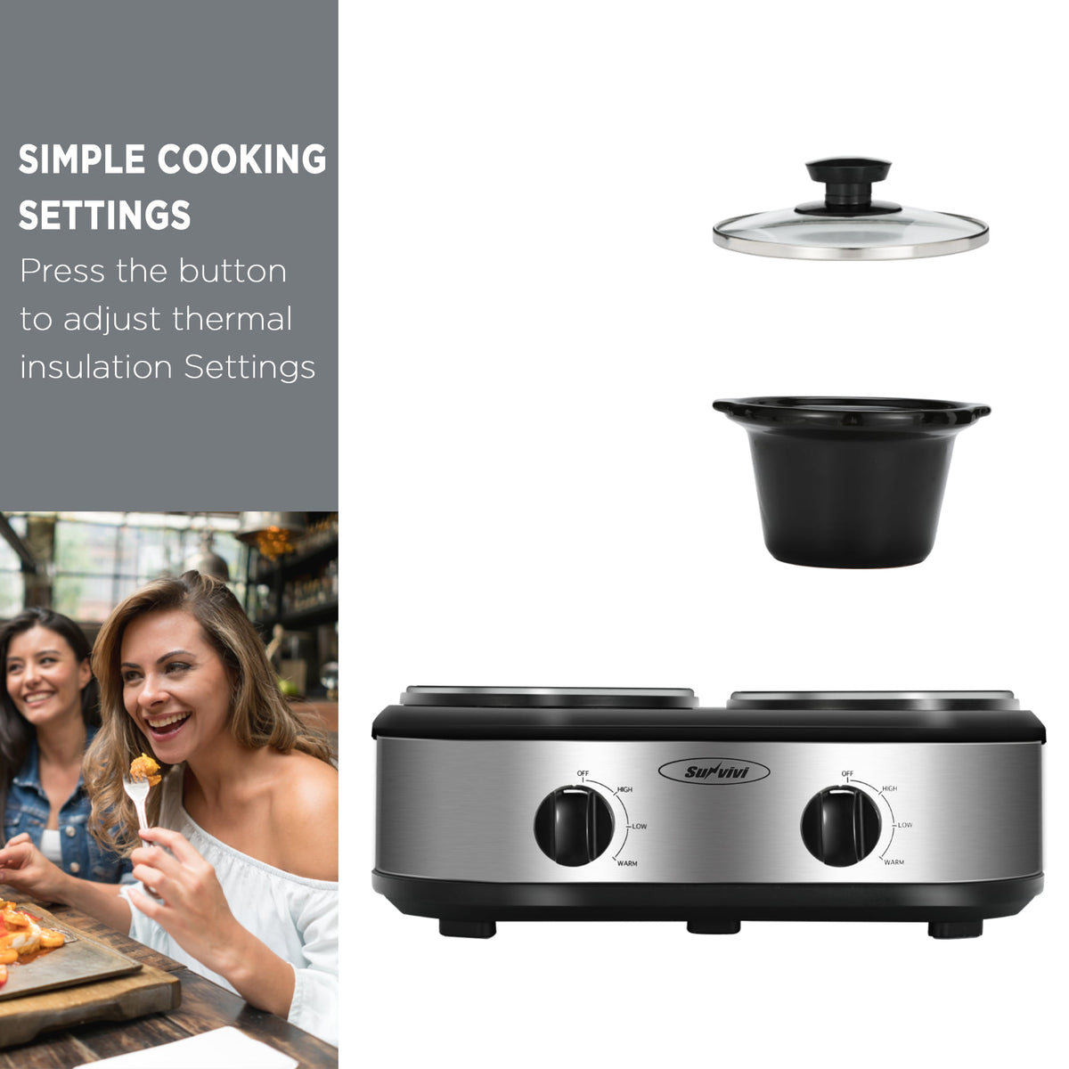 Royalcraft Double Slow Cooker,2 Pot Small Mini Crock Buffet Servers and Warmer,Dual Pot Oval Manual Slow Cooker with Adjustable Temp Removable Ceramic Pot,Stainless Steel, Total 2.5 Quarts Black