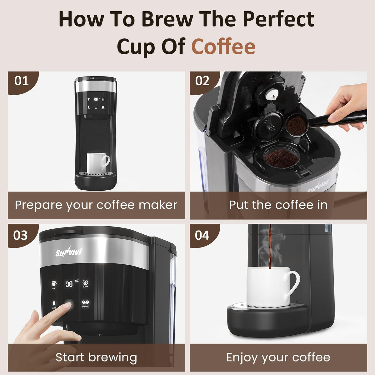 Royalcraft Single Serve Coffee Maker, Coffee Brewer with 3 Brewing Options for K Cup Pod or Ground Coffee, 30oz Removable Water Reservoir , Black