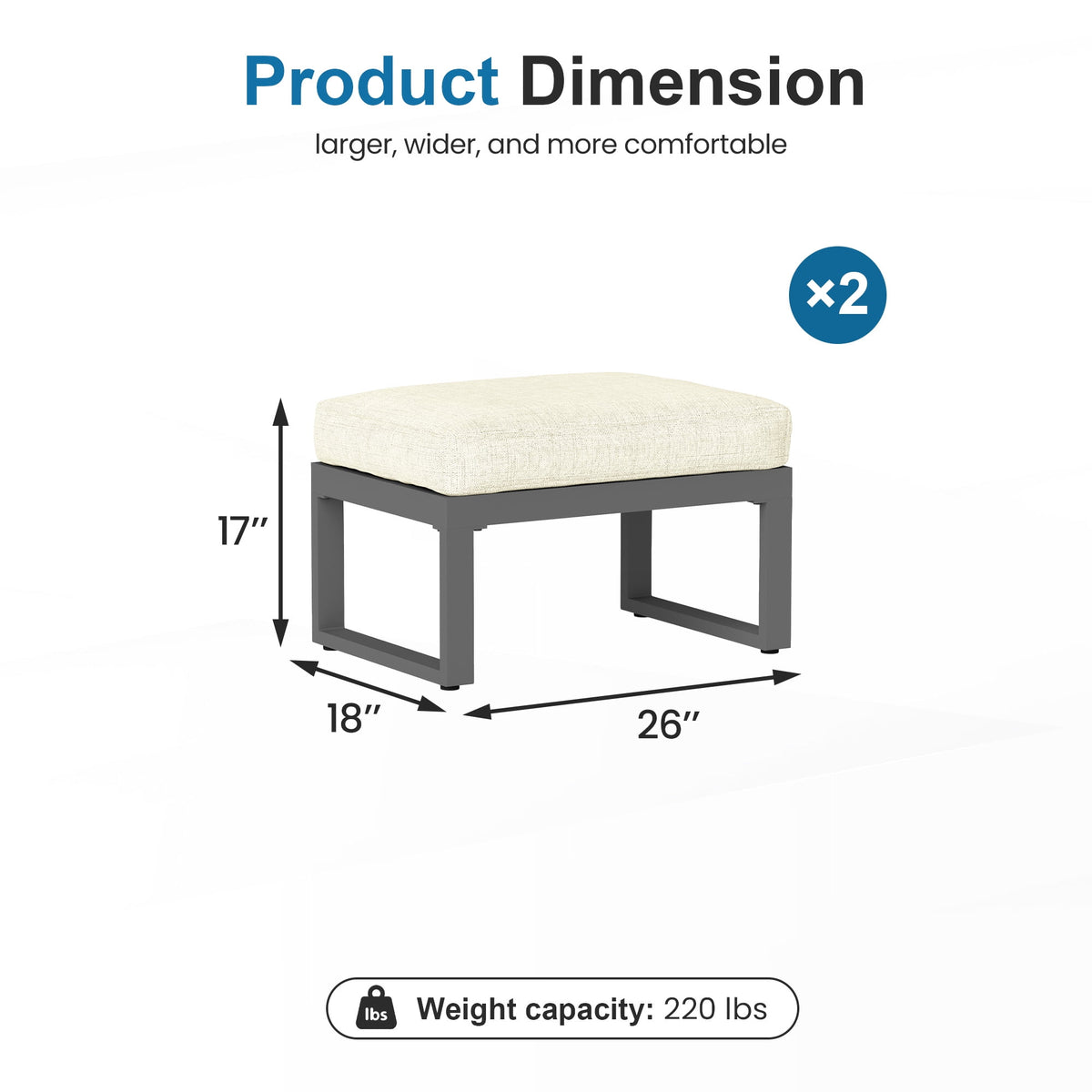 RoyalCraft 2 Pieces Aluminum Outdoor Patio Ottoman Set, Outdoor Foot Stools with Thick Cushion, Small Seat Furniture for Porch Balcony Backyard, Beige