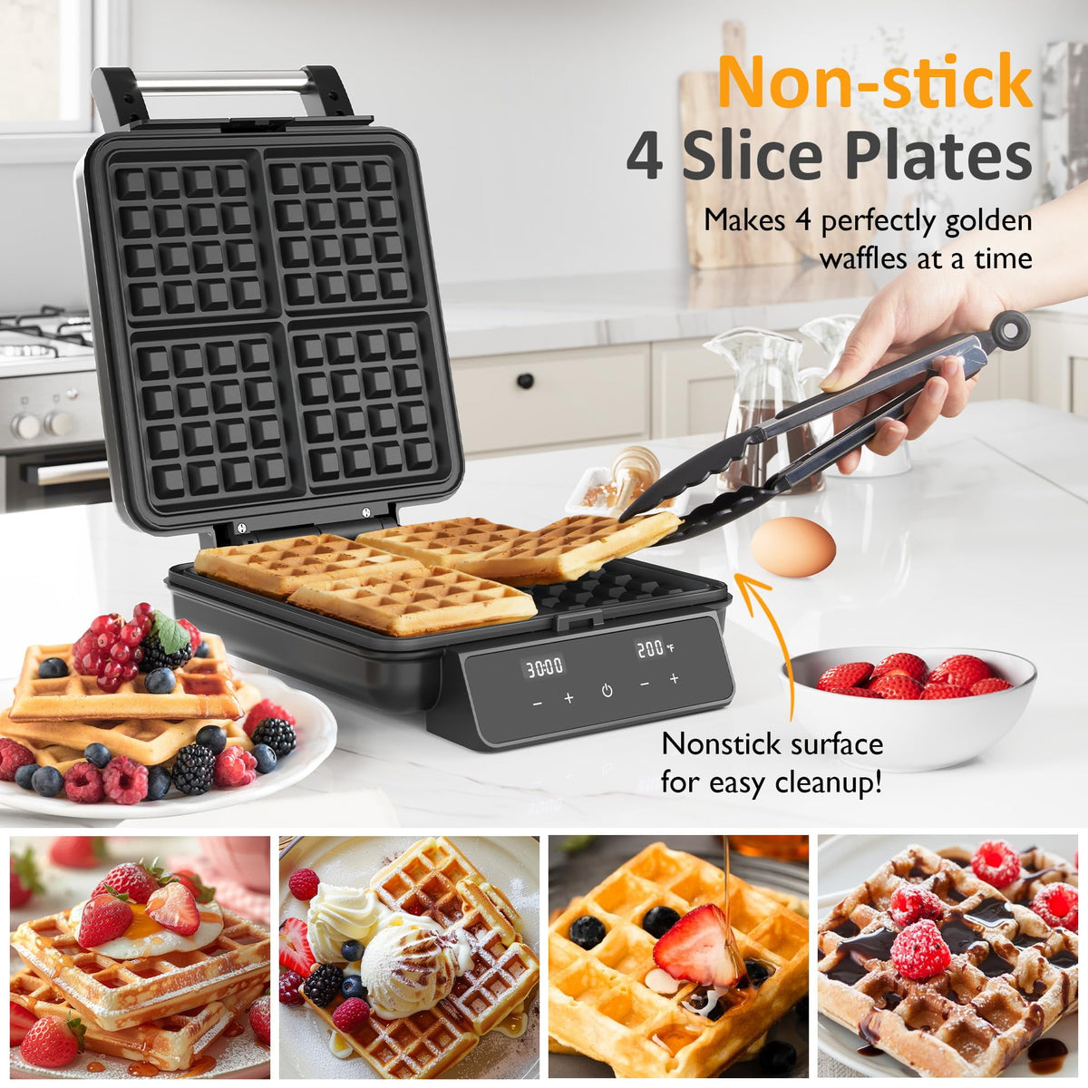 Royalcraft Stainless Steel Waffle Maker 4 Slices with Quick Heat-Up, Time & Temperature Control, LCD Display, Nonstick Surface, Perfect Waffle Iron for Kids and Families, Silver