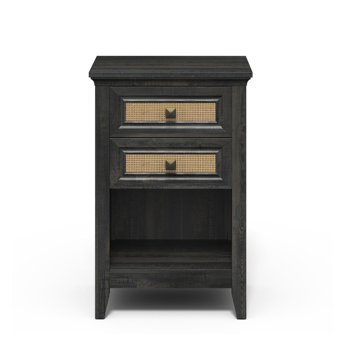 RoyalCraft Nightstand with 2 Drawers, Accent Bedside Table with Rattan Decor Drawers and Large Storage Shelf, Boho Wood End Table Organizer for Bedroom, Living Room, Coffee
