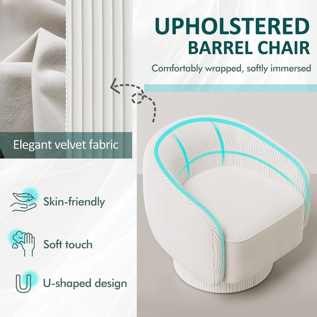 Royalcraft Swivel Accent Chair with Storage Ottoman, 360 Degree Swivel Barrel Chair with Footrest, Beige Velvet Upholstered Chair, Modern Swivel Round Chair for Living Room, Bedroom, Office