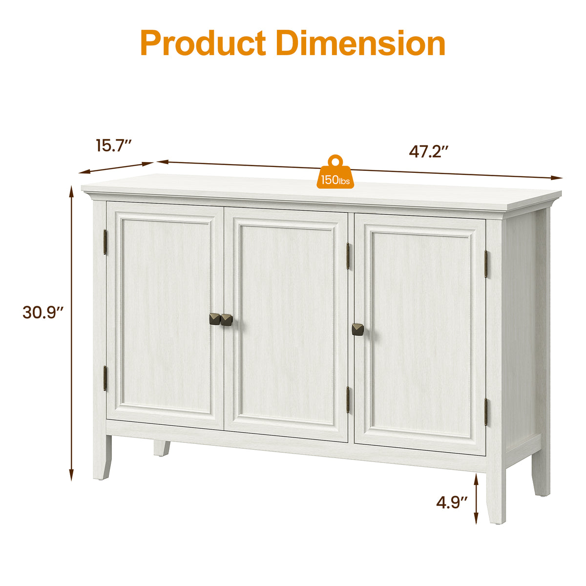 Royalcraft 3-Door Buffet Cabinet with Storage, Bohemian Sideboard with Adjustable Shelves, Wood Credenza Cabinet, Console Table for Bedroom, Living Room, Dining Room, Hallway, Grayish-White