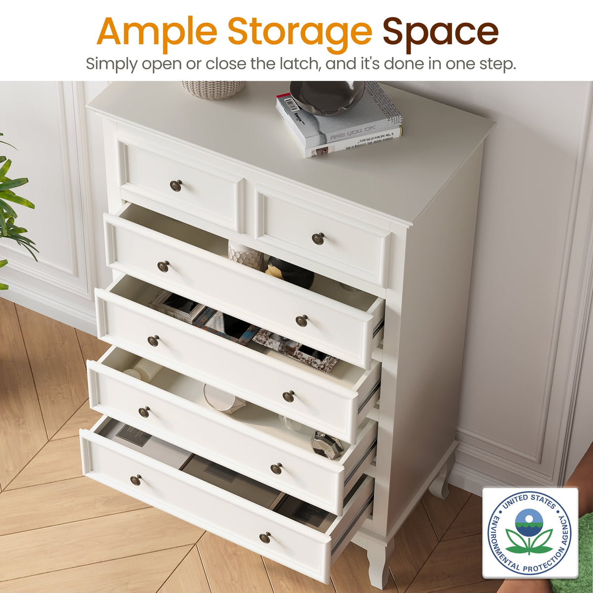 RoyalCraft White 6 Drawer Dresser, Large Storage Chest with Ball Bearing Slide, Wide Chest of Drawers, Modern Wood Dresser for Bedroom, Living Room, Hallway, Entryway, White