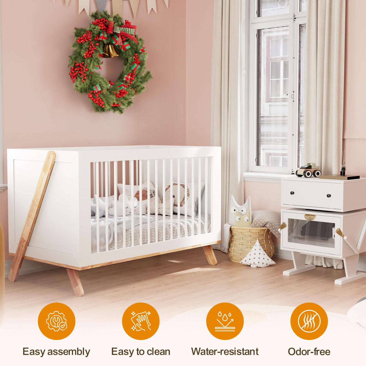 CozyHome 4-in-1 Convertible Crib, Wooden Baby Crib Bed, Crib Converts to Toddler Bed Daybed and Desk, Baby Furniture, White
