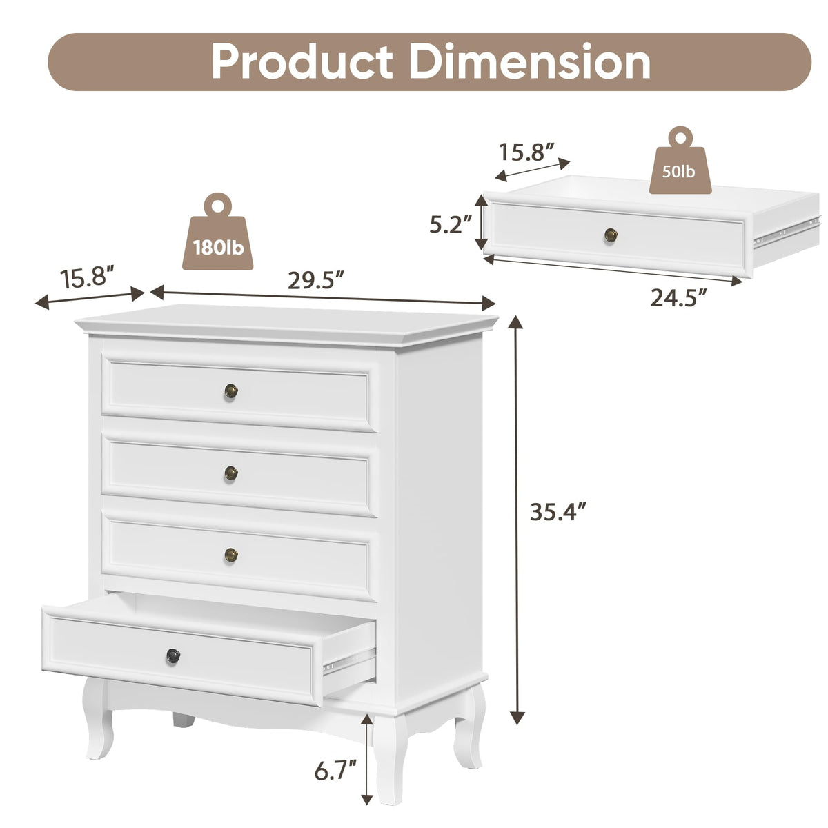Superjoe White 4 Drawer Dresser, Large Storage Chest with Ball Bearing Slide, Wide Chest of Drawers, Modern Wood Dresser for Bedroom, Living Room, Hallway, Entryway, White