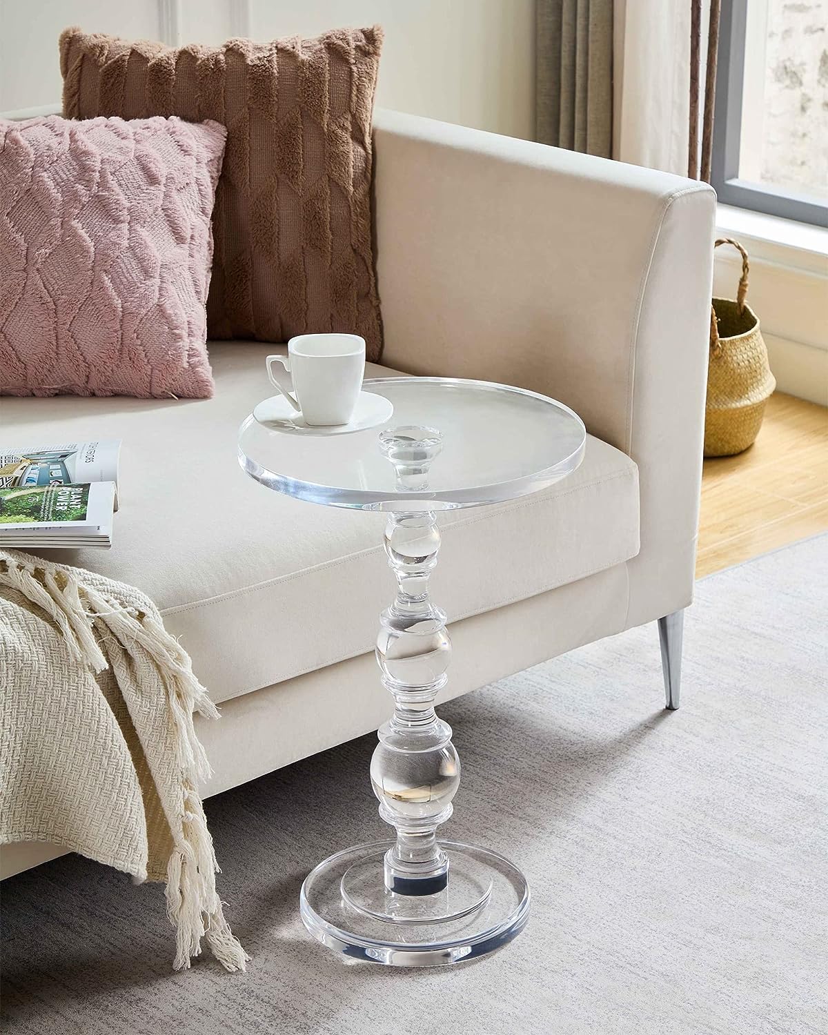 Royalcraft Acrylic Side Table, Small Gold Coffee Table with Brushed Brass Metal, Round Acrylic End Table  for Living Room Office