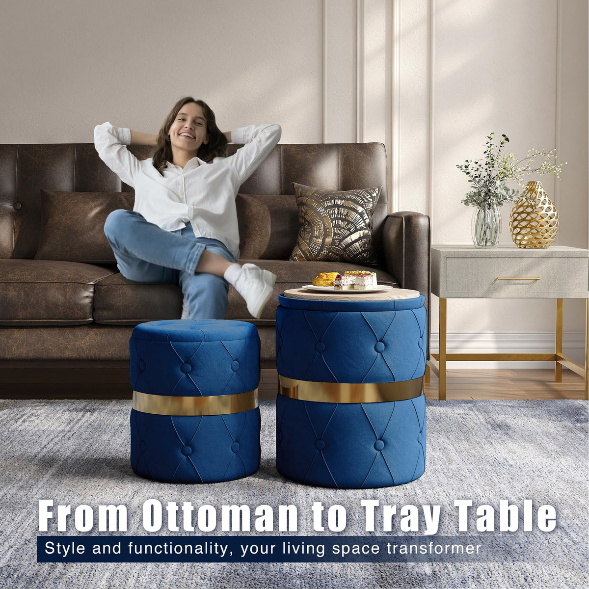 Superjoe Storage Ottoman Set of 2, Versatile Footrest Stool with Stainless Steel Base, Modern Round Vanity Stool Chair Foot Stools, Support 200lbs Padded Seat, for Living Room, Bedroom, Blue