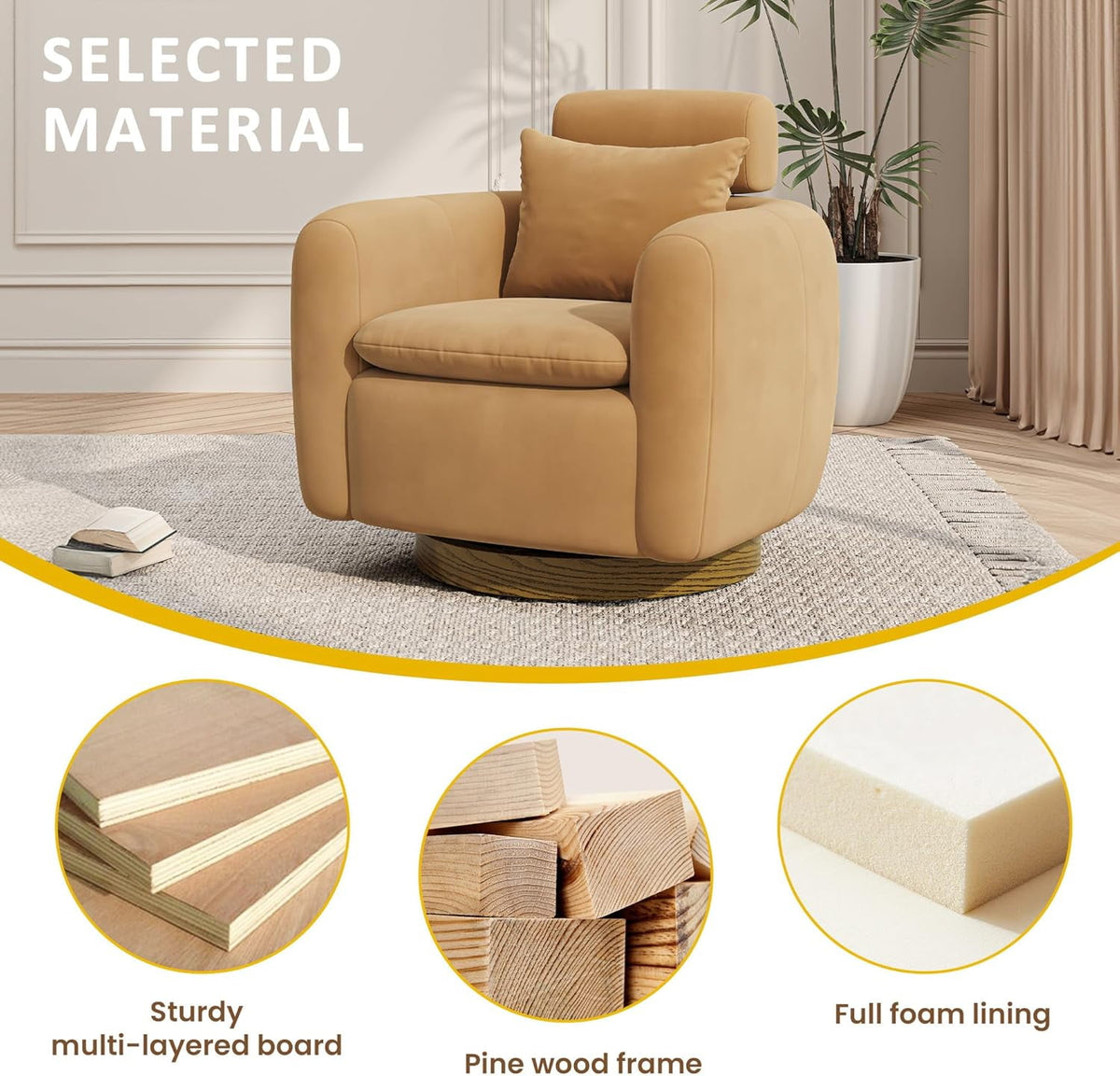 CozyHome Oversized Swivel Barrel Chair, 360° Accent Chair with Solid Wood Base, Comfy Upholstered Sofa Chair with Adjustable Headrest, Mid Century Modern Armchair for Living Room, Camel Brown