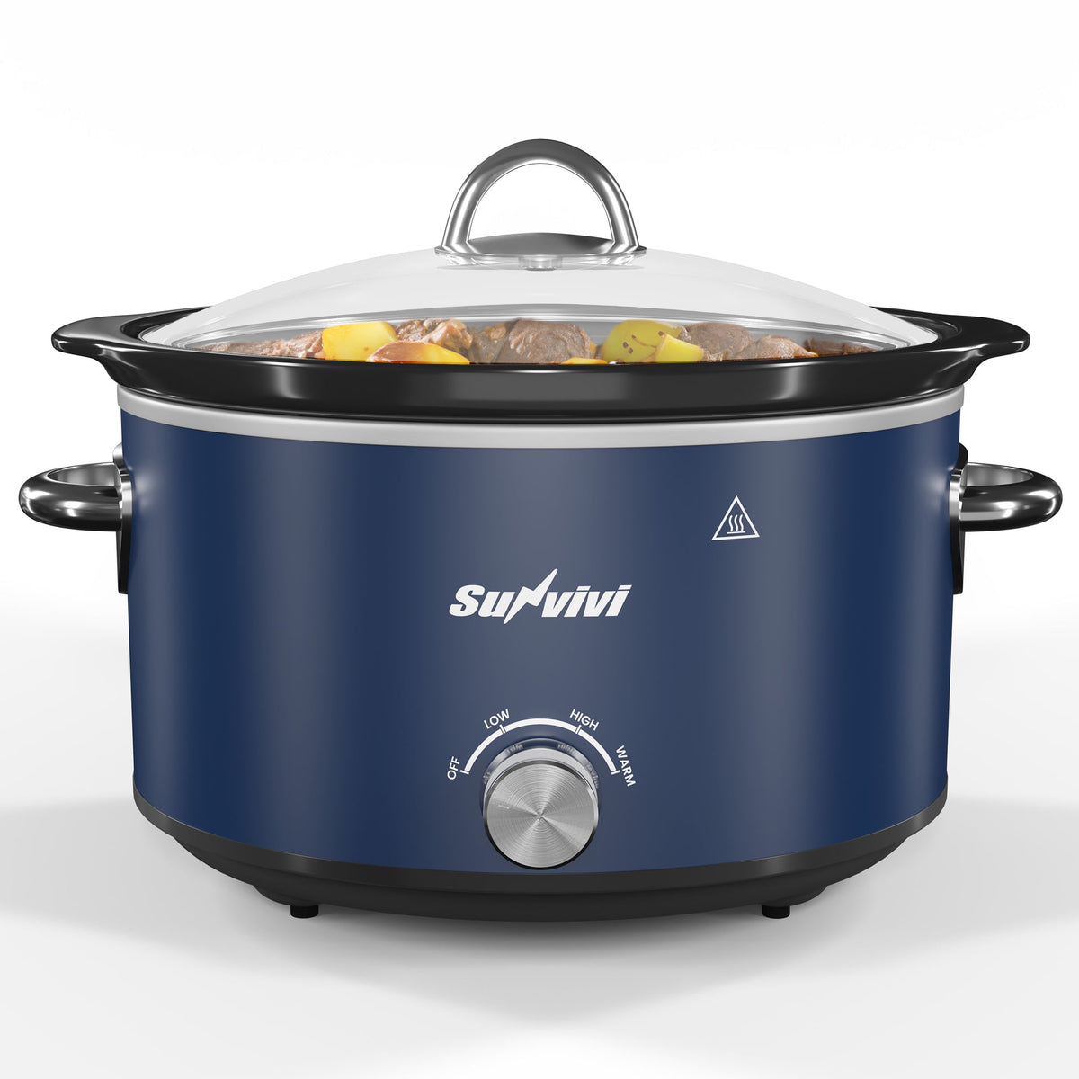 Royalcraft 4QT Compact Slow Cooker & Food Warmer with 3 Temperature Settings, Removable Ceramic Pot, Dishwasher-Safe Glass Lid, Stainless Steel - Blue