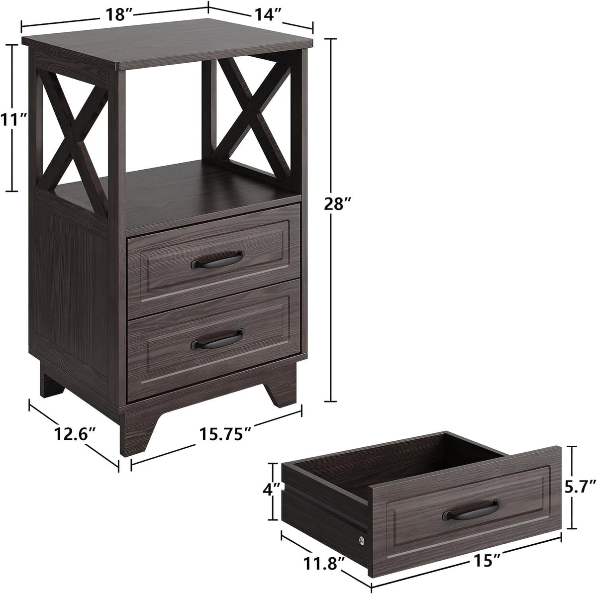 Royalcraft End Table, Side Table with X Shaped Design, Wooden Rustic End Table with 2 Large Storage Drawers and Large Open Shelf for Living Room