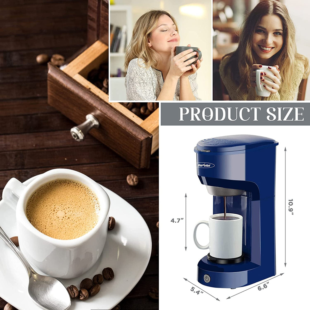 Single Serve Coffee Maker Coffee Brewer 6 to 14 oz With Permanent Filter, Compatible with Single Cup Pod & Ground Coffee, Red