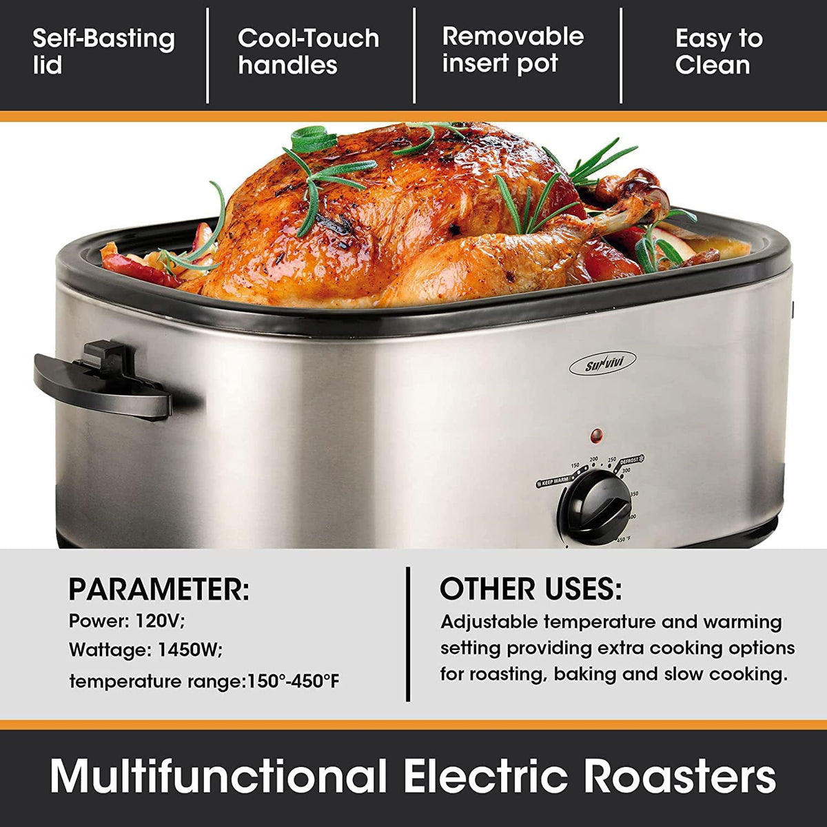 RoyalCraft 26 Quart Electric Turkey Roaster Oven with Visible & Self-Basting Lid, Stainless Steel
