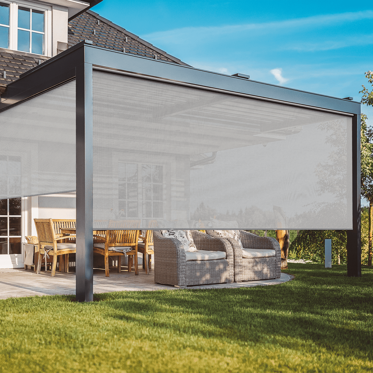 Royalcraft Cordless Outdoor Roller Sun Shade with Pole，8'Wx8'H 420GSM 95% Blockout Waterproof Outdoor Blinds Roll Up for Gazebo Porch, Deck, Pergola,Brown