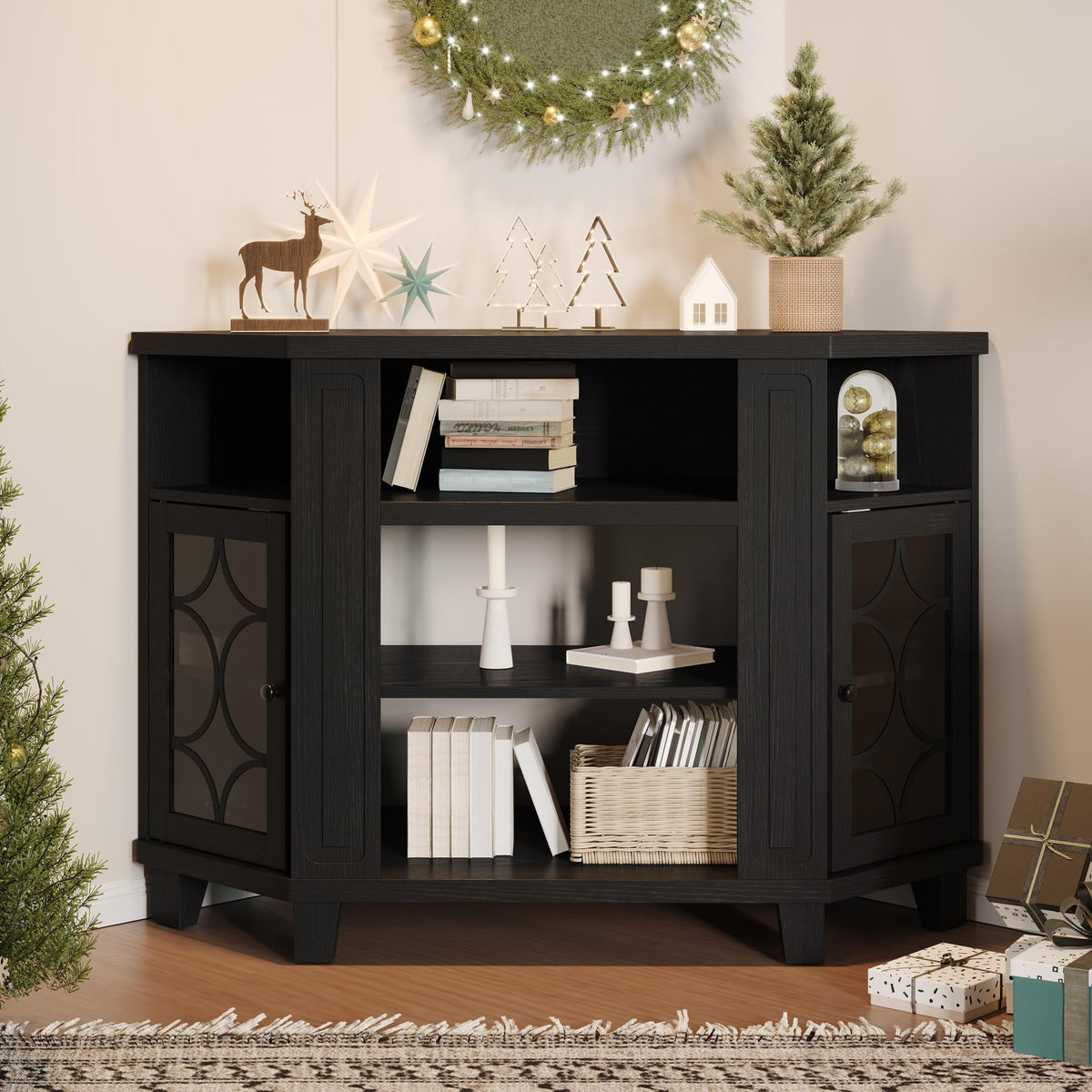 CozyHome Corner TV Stands, Wood Media Console Table with Adjustable Shelves & Acrylic Doors, Modern Entertainment Center for TVs up to 55'', Corner Cabinet for Living Room, Bedroom, Black