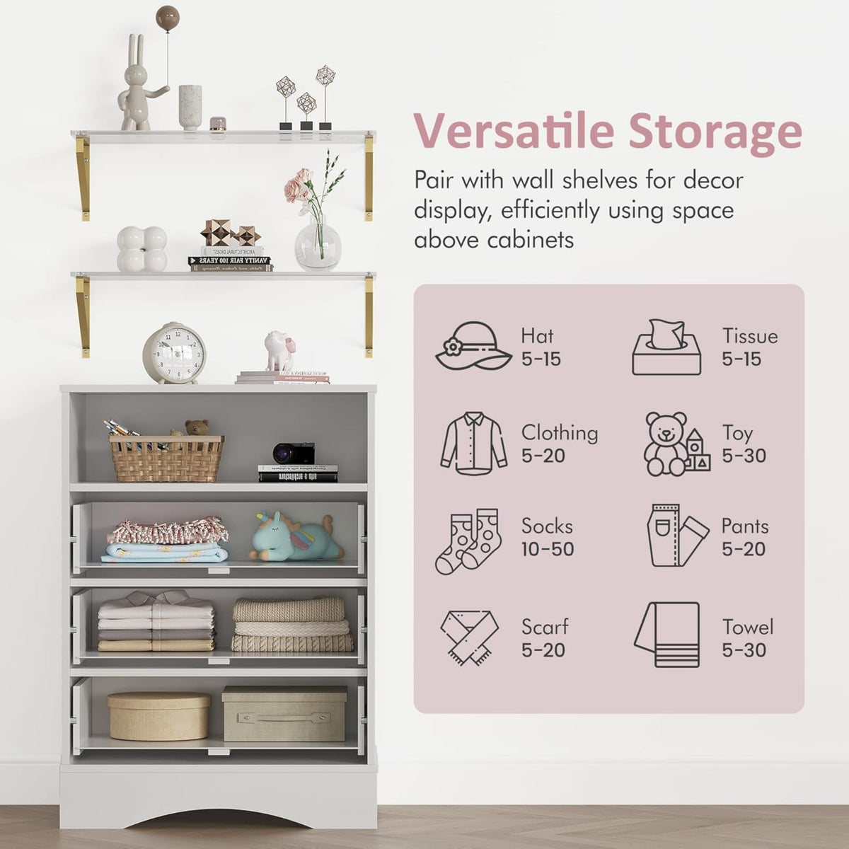 CozyHome Dresser with Drawers & Floating Shelves, 3 Drawer Dresser with Open Storage & Painted Finish, Modern Storage Dresser for Toddler Room, Bedroom, Closet, Hallway, White