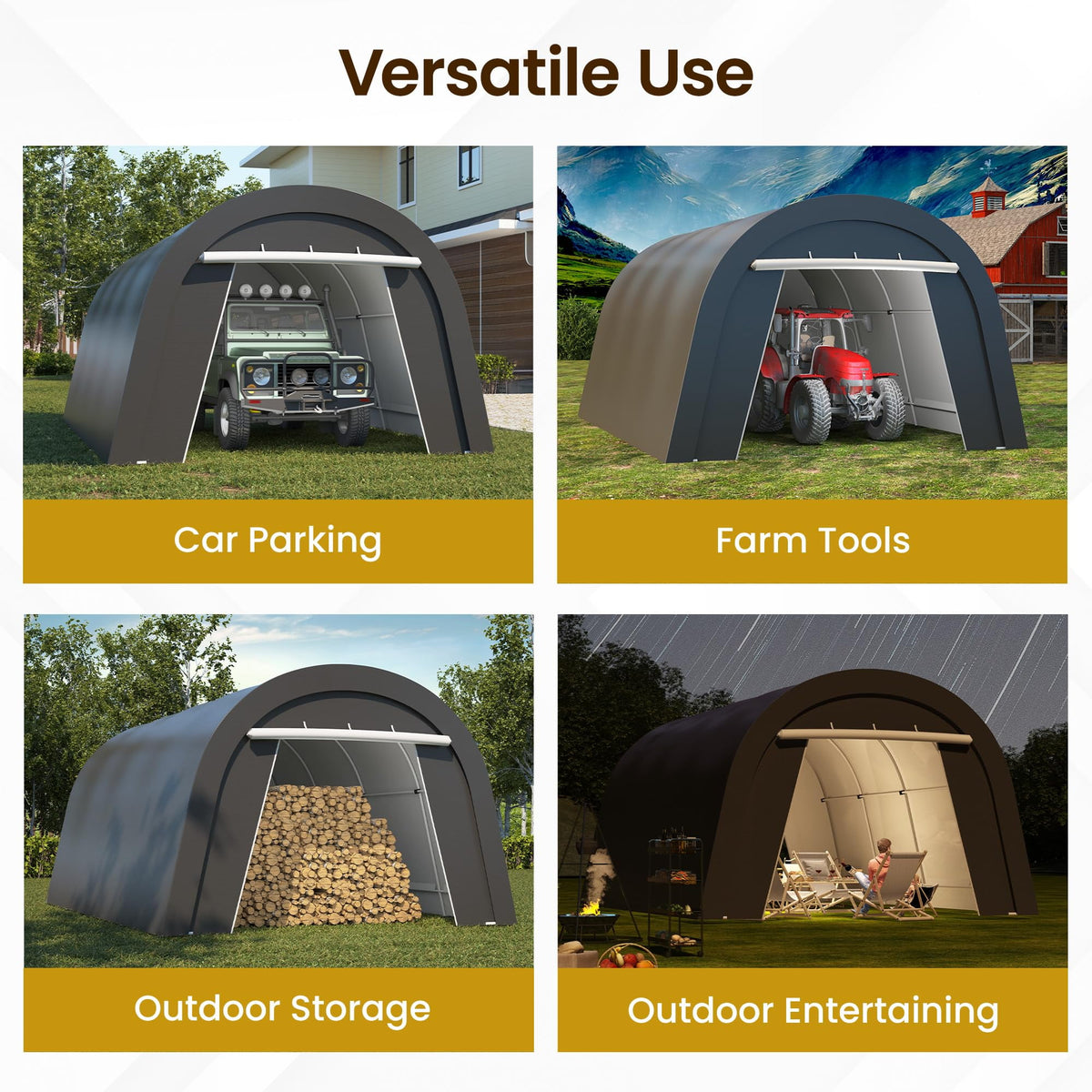 RoyalCraft Domed Carport, Portable Garage with 2 Roll up Doors, Heavy Duty Car Canopy Party Tent, All-Season Storage Shelter Shed Carport for Motorcycle, Boat, Truck, or Garden Tools, 10' x 15'