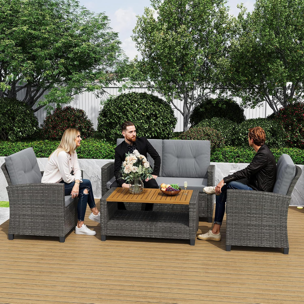 Royalcraft 4-Piece Wicker Patio Conversation Sets with Coffee Table, All Weather Patio Furniture Set with High Backrest, Outdoor Sectional Sofa Couch for Porch Balcony Backyard Deck, Grey
