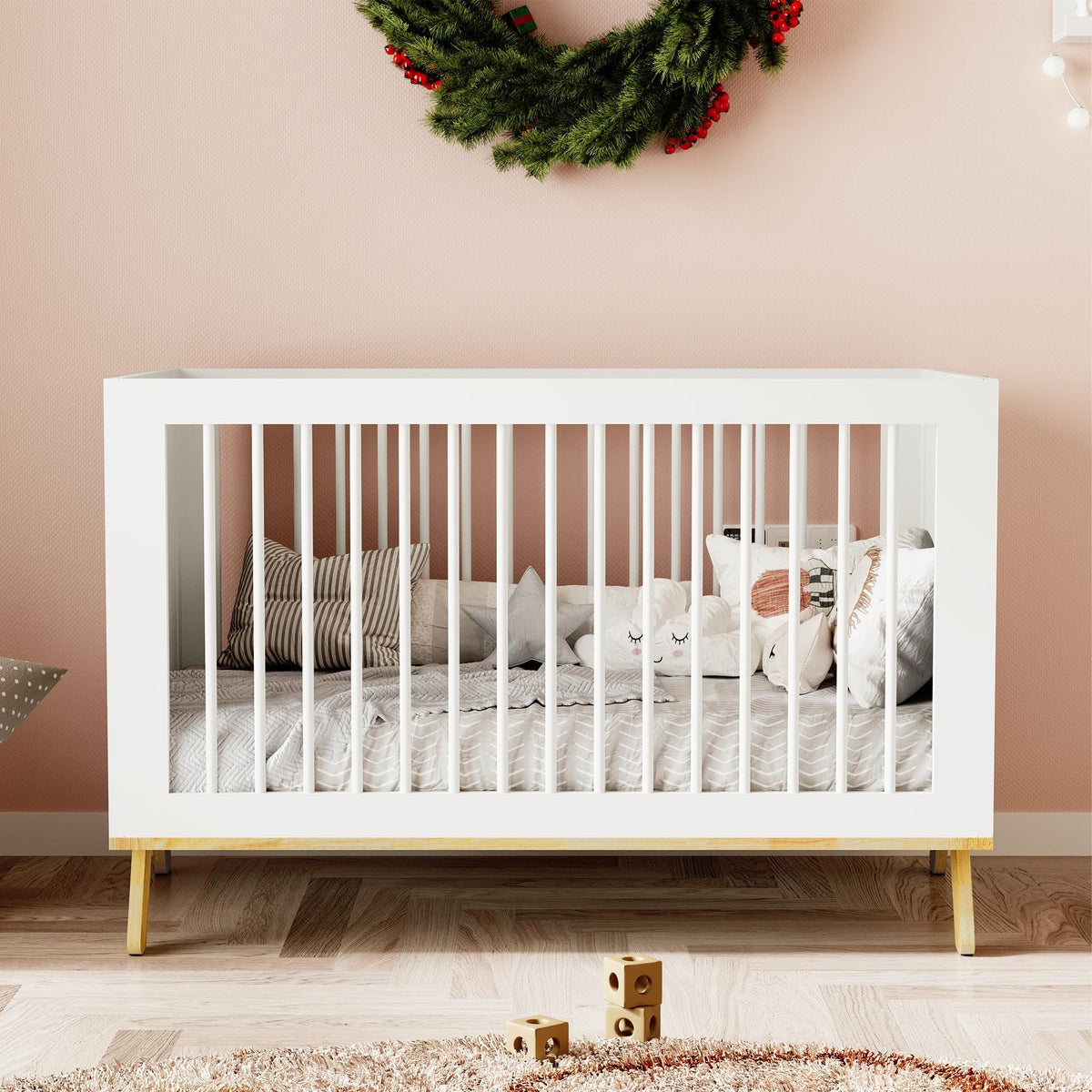 CozyHome 4-in-1 Convertible Crib, Wooden Baby Crib Bed, Crib Converts to Toddler Bed Daybed and Desk, Baby Furniture, White