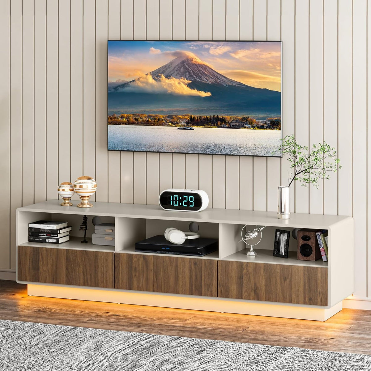 CozyHome 70" Large TV Stand with Storage and Led Lights, Console Table with 3 Drawers, TV Entertainment Center for up to 75" Television, Wood TV Media Cabinet for Living Room Bedroom, Beige & Walnut