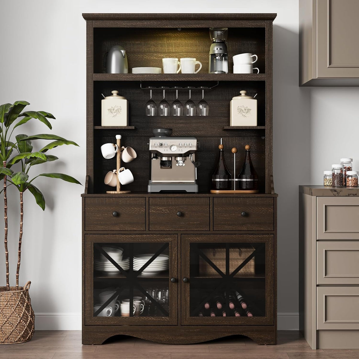 CozyHome 71'' Tall Farmhouse Bar Cabinet, Retro Buffet Cabinet with Charge Station & LED Lights, Liquor Cabinet Bar with Wine Bottle Rack for Kitchen, Living Room, Brown