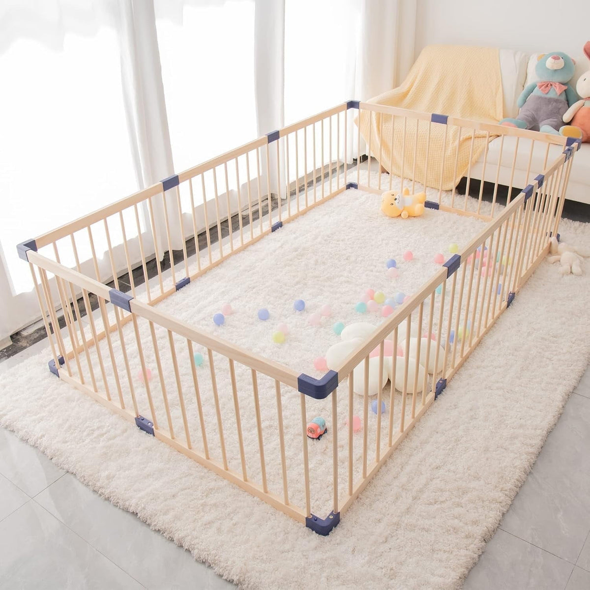 CozyHome Baby Playpen Kids Fence with Safety Gate, Activity Play Center, Safety and Anti-Drop Function, Safety Play Yard Indoor Outdoor Pure Wooden Baby Playpen (94.5"*55"*24")