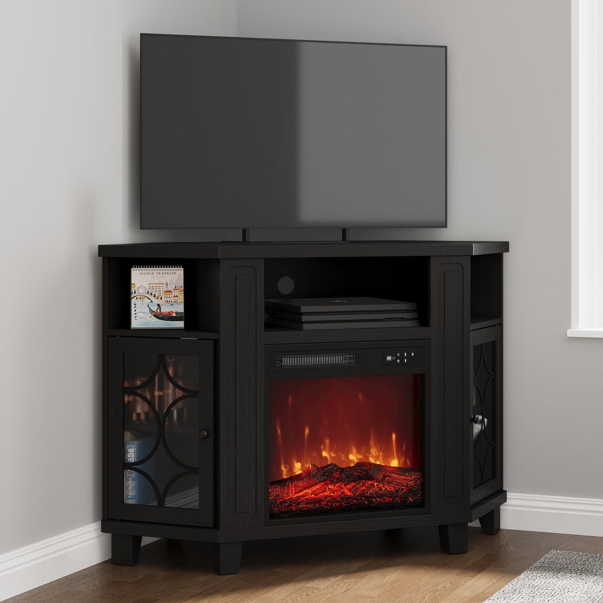 CozyHome Corner TV Stands with 18'' Fireplace, Media Console Table with Adjustable Shelves & Acrylic Doors, Entertainment Center for TVs up to 55'', Corner Cabinet for Living Room, Bedroom, Black