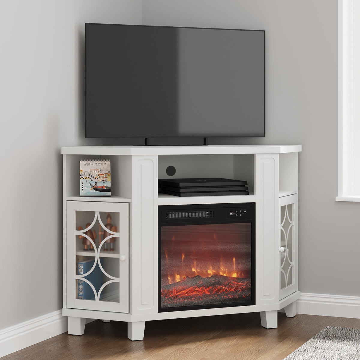 CozyHome Corner TV Stands with 18'' Fireplace, Media Console Table with Adjustable Shelves & Acrylic Doors, Entertainment Center for TVs up to 55'', Corner Cabinet for Living Room, Bedroom, White