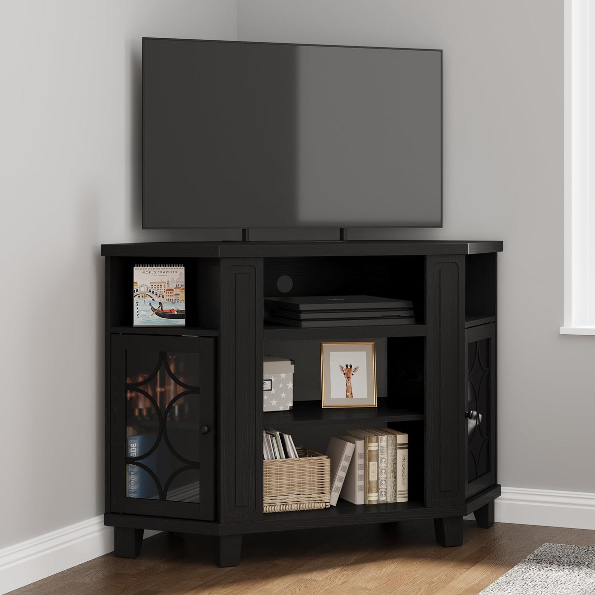 CozyHome Corner TV Stands, Wood Media Console Table with Adjustable Shelves & Acrylic Doors, Modern Entertainment Center for TVs up to 55'', Corner Cabinet for Living Room, Bedroom, Black