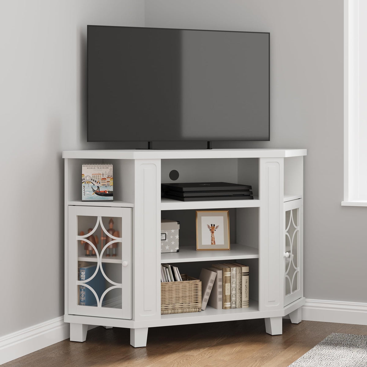 CozyHome Corner TV Stands, Wood Media Console Table with Adjustable Shelves & Acrylic Doors, Modern Entertainment Center for TVs up to 55'', Corner Cabinet for Living Room, Bedroom, White