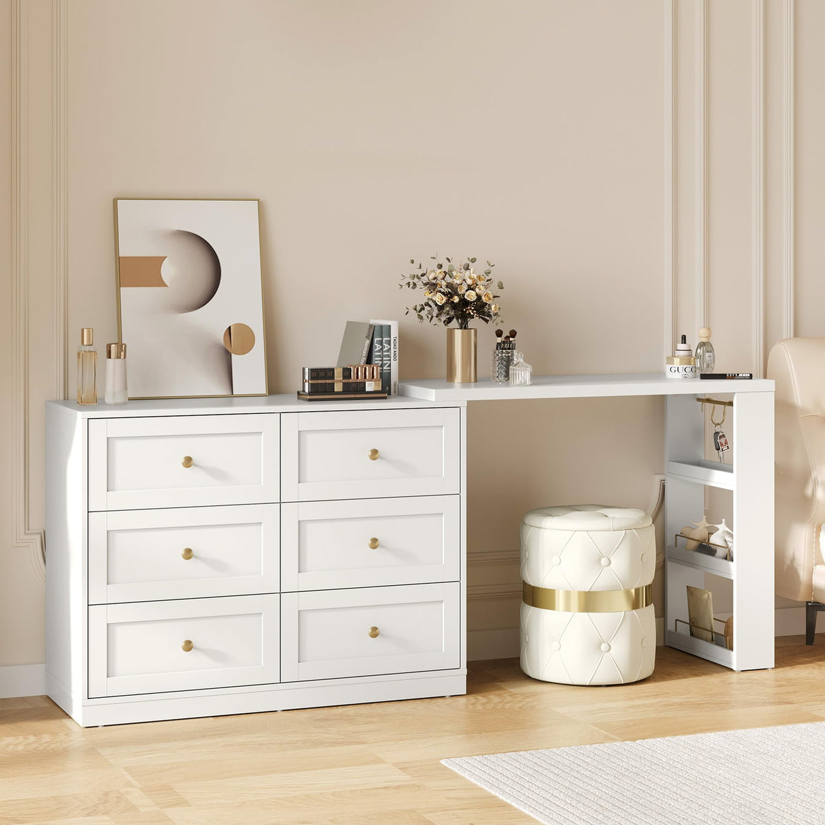 CozyHome Makeup Vanity Desk with 6 Drawers, Extendable corner Vanity Table and Dresser Combo with 3 Side Shelves, Wood Dressing Table for Bedroom, Dressing Room, White