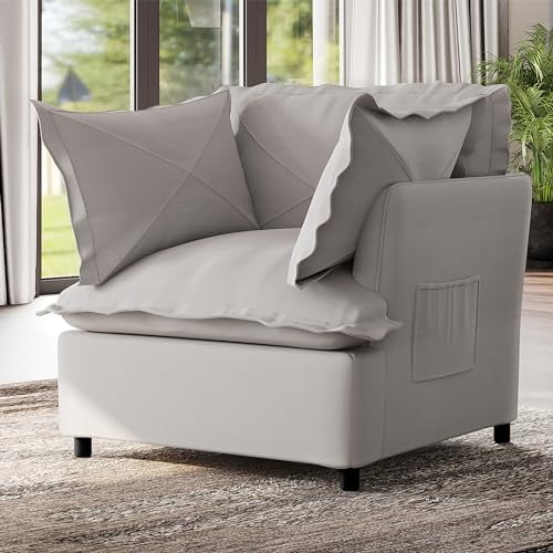 CozyHome Oversized Accent Chair, Mid Century Modern Armchair with Wide Backrest, Comfy Upholstered Reading Single Sofa Chair with 2 Pillows for Living Room, Bedroom, Grey
