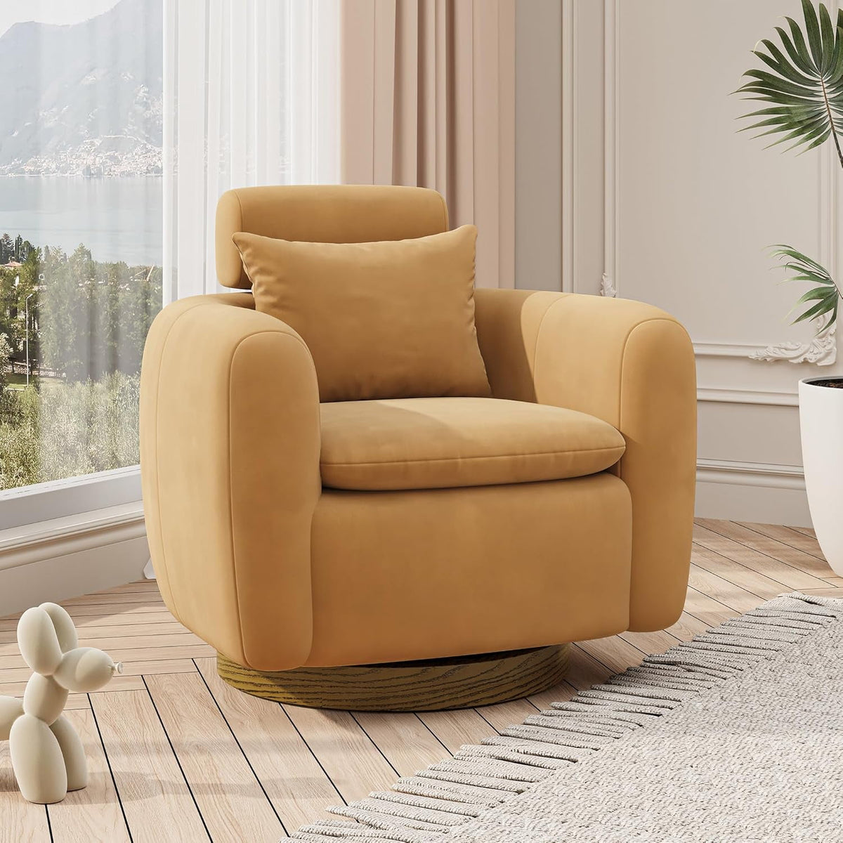 CozyHome Oversized Swivel Barrel Chair, 360° Accent Chair with Solid Wood Base, Comfy Upholstered Sofa Chair with Adjustable Headrest, Mid Century Modern Armchair for Living Room, Camel Brown