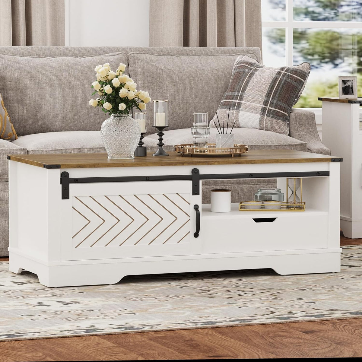 Farmhouse Coffee Table with Storage and Sliding Barn Door, 48'' Rustic Living Room Table , Rectangular Center Table , Rustic Dark Grey