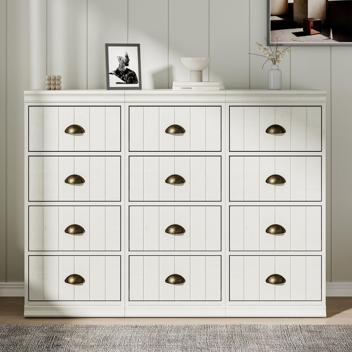 Heynemo Fluted 4 Drawer Dresser Set of 3, Wood Closet Dresser with Bronze Metal Handles, White Chest of Drawers with Soft-Close Drawers, Modern Dresser Organizer for Bedroom, Living Room, Entryway