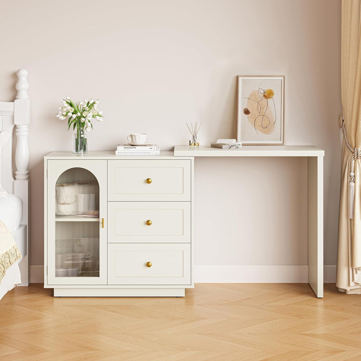 RoyalCraft Makeup Vanity Desk, Extendable Corner Vanity Makeup Table with 3 Drawers & 2 Doors, Modern Dressing Table for Bedroom, White Makeup Vanity Without Mirror