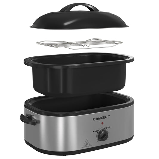 RoyalCraft 18 Quart Turkey Electric Roaster Oven with Self-Basting Lid, Stainless Steel, Silver