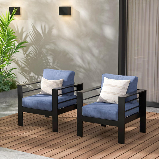 RoyalCraft 2 Pieces Patio Furniture Aluminum Armchair, All-Weather Outdoor Single Sofa, White Metal Chair with Light Grey Cushions,Blue