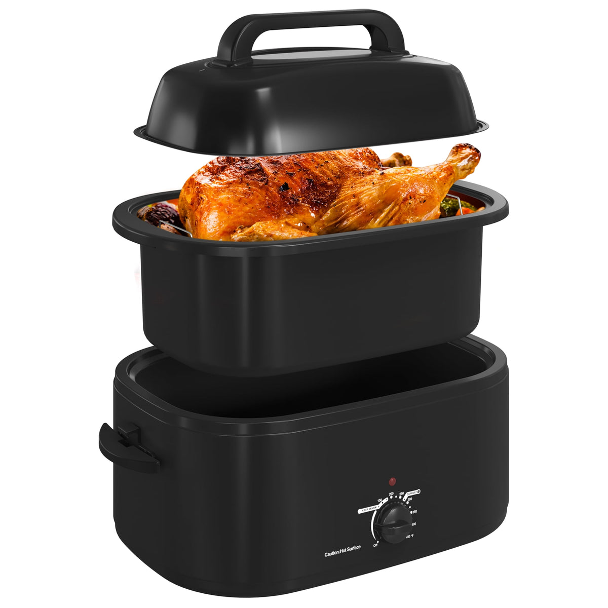 RoyalCraft 26 Quart Electric Turkey Roaster Oven with Visible Glass Lid, with Removable Pan & Rack, Stainless Steel, Silver