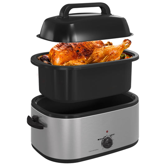 RoyalCraft 26 Quart Electric Turkey Roaster Oven with Visible Glass Lid, with Removable Pan & Rack, Stainless Steel, Silver