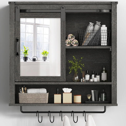 RoyalCraft 28in Bathroom Cabinet Wall Mount with Sliding Mirror Door, Over The Toilet Storage Cabinet, Farmhouse Medicine Cabinet with Shelves and Towel Bar for Living Room, 28" W x 29" H, Dark Grey